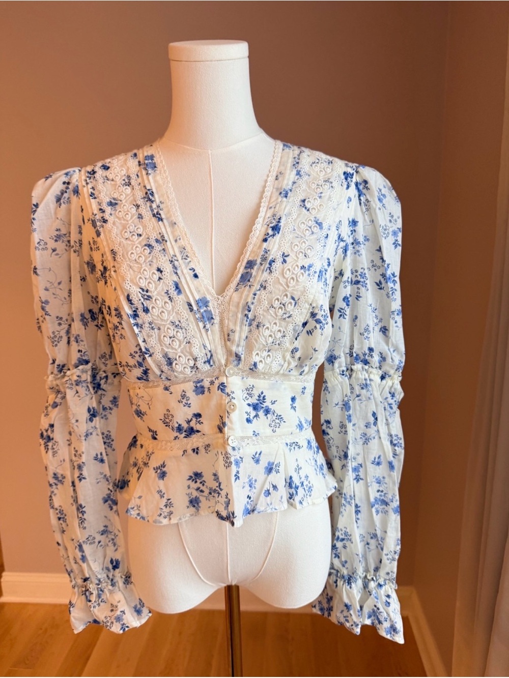 Reformation Blue Floral Lace-Trim V-Neck Peplum Blouse